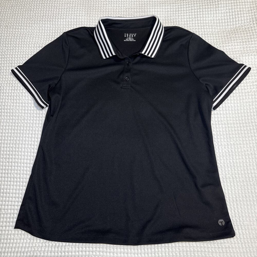 Tribal Sport Womens Black Striped Collar Polo Shirt UPF 40 Performance Top L NWT